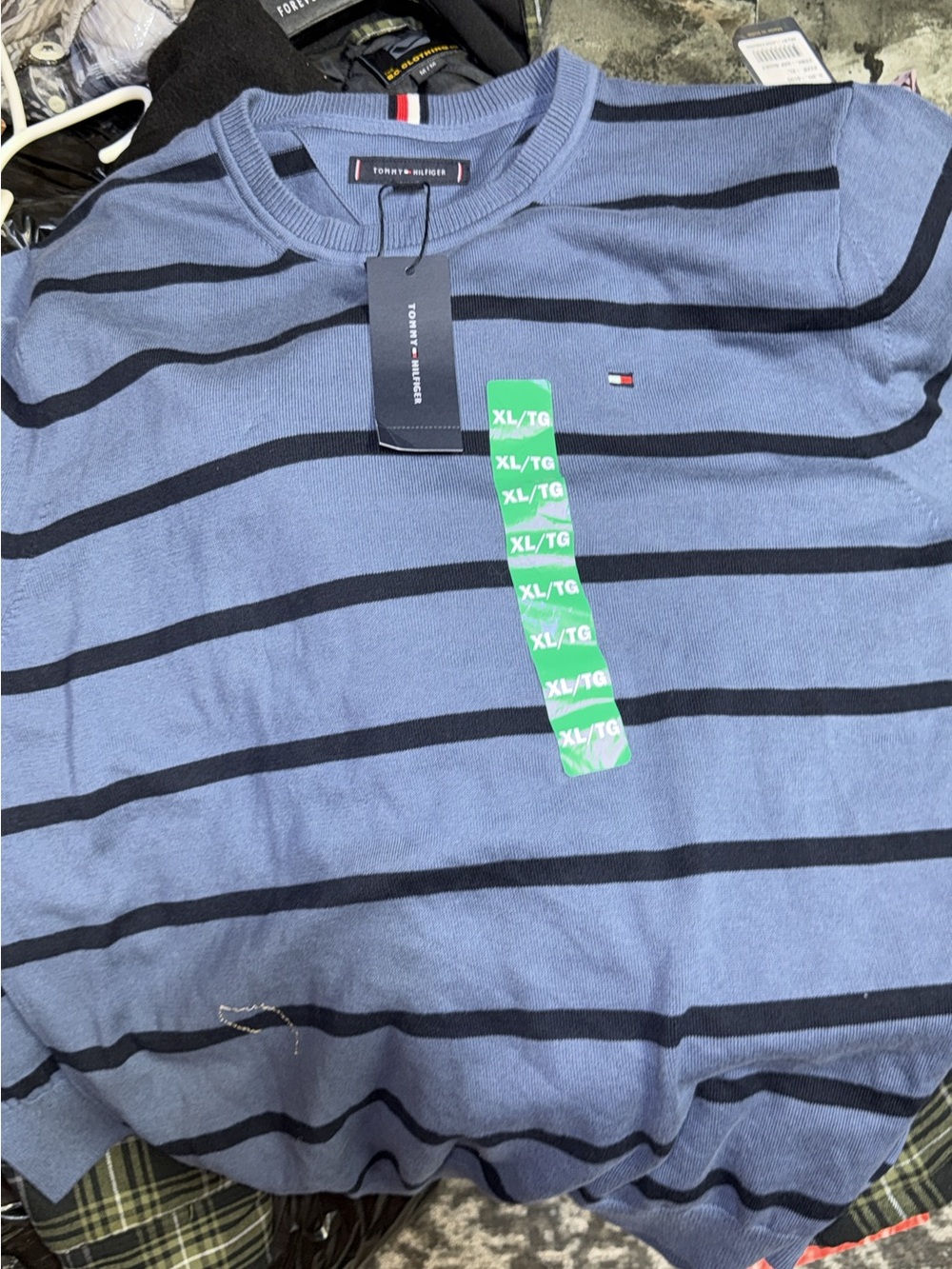 Tommy Hilfiger Light Blue and Black Striped Crewneck Sweater
